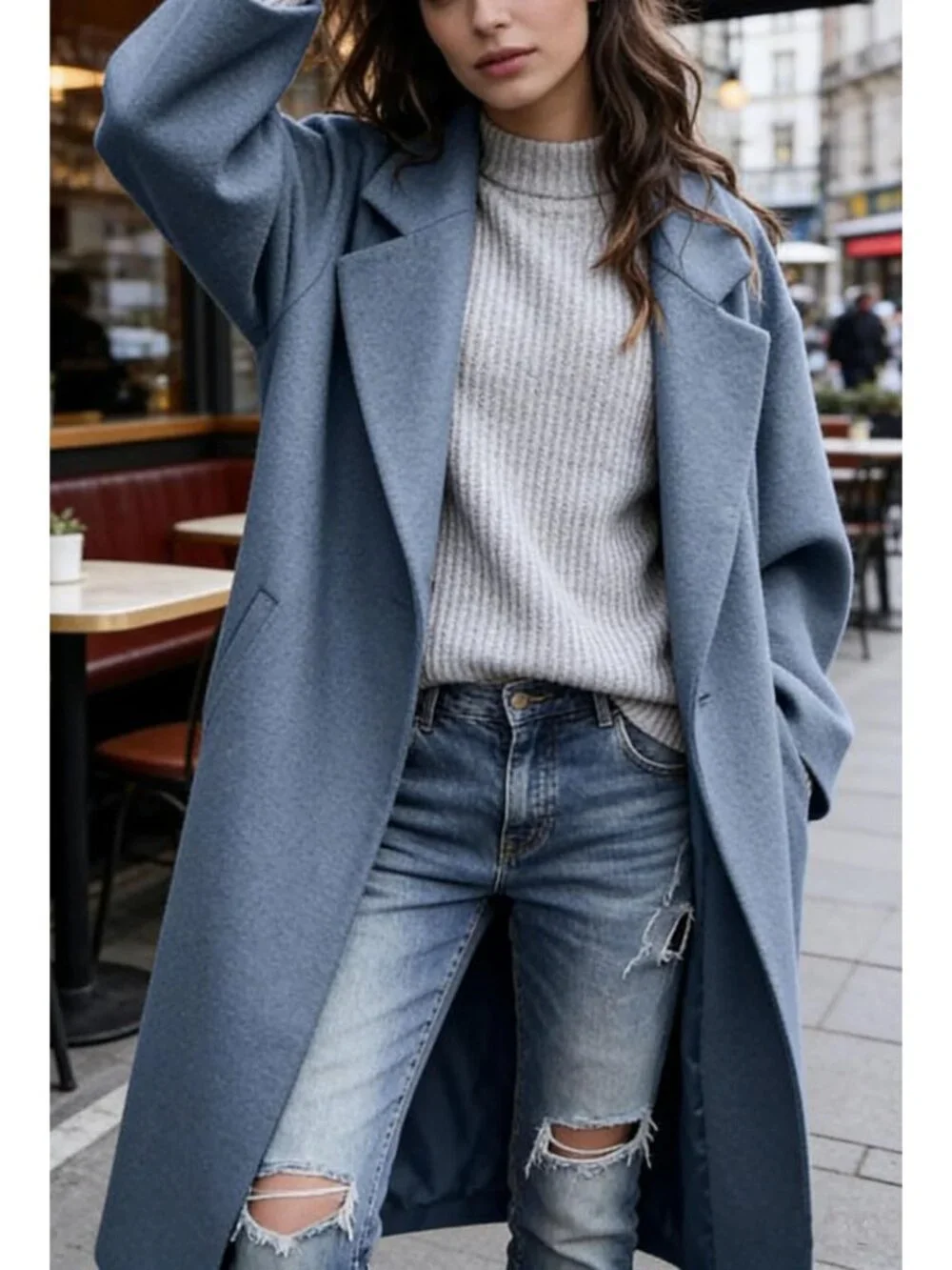 Women's Blue Notched Collar Wool Blend Single Breast Midi Long Trench Coat